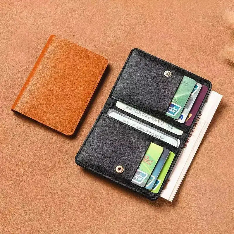 Two wallets: black PU leather open-cardholder with card slots and coin pocket, tan compact wallet
