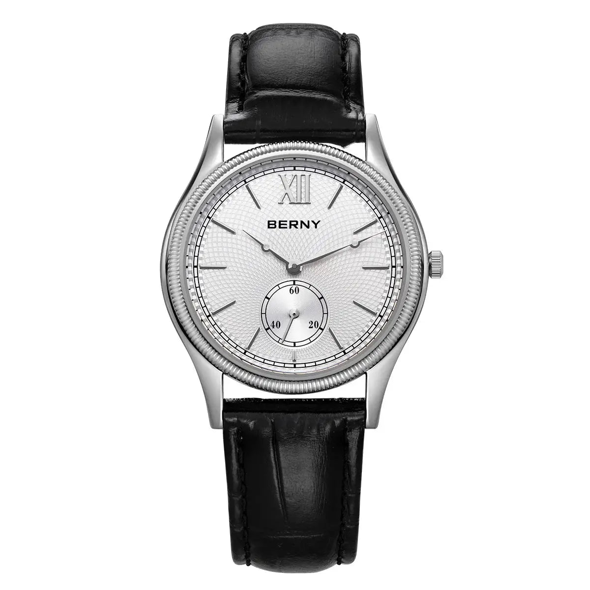 BERNY men's wristwatch with slim silver case, white textured dial, and black leather strap