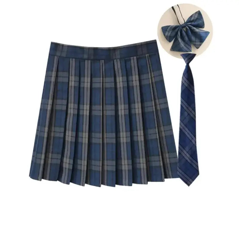 Women blue plaid pleated skirt with matching necktie and bow, JK uniform style