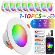 LED recessed white-trim downlight set, 1–10 pcs, dimmable 85–265V, 10W, RGB+CW full color, TUYA WiFi/BLE compatible