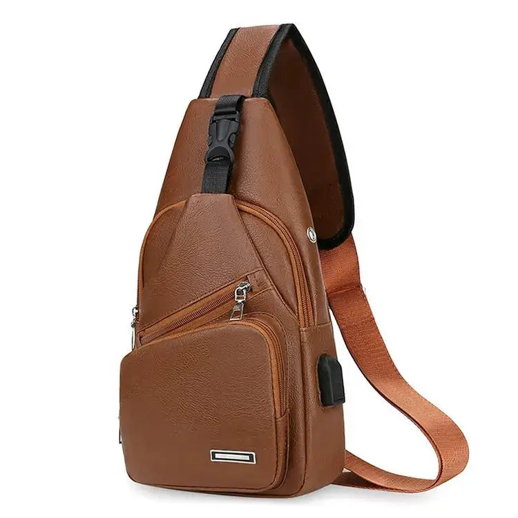 Men's chest bag brown crossbody with multiple zip pockets.