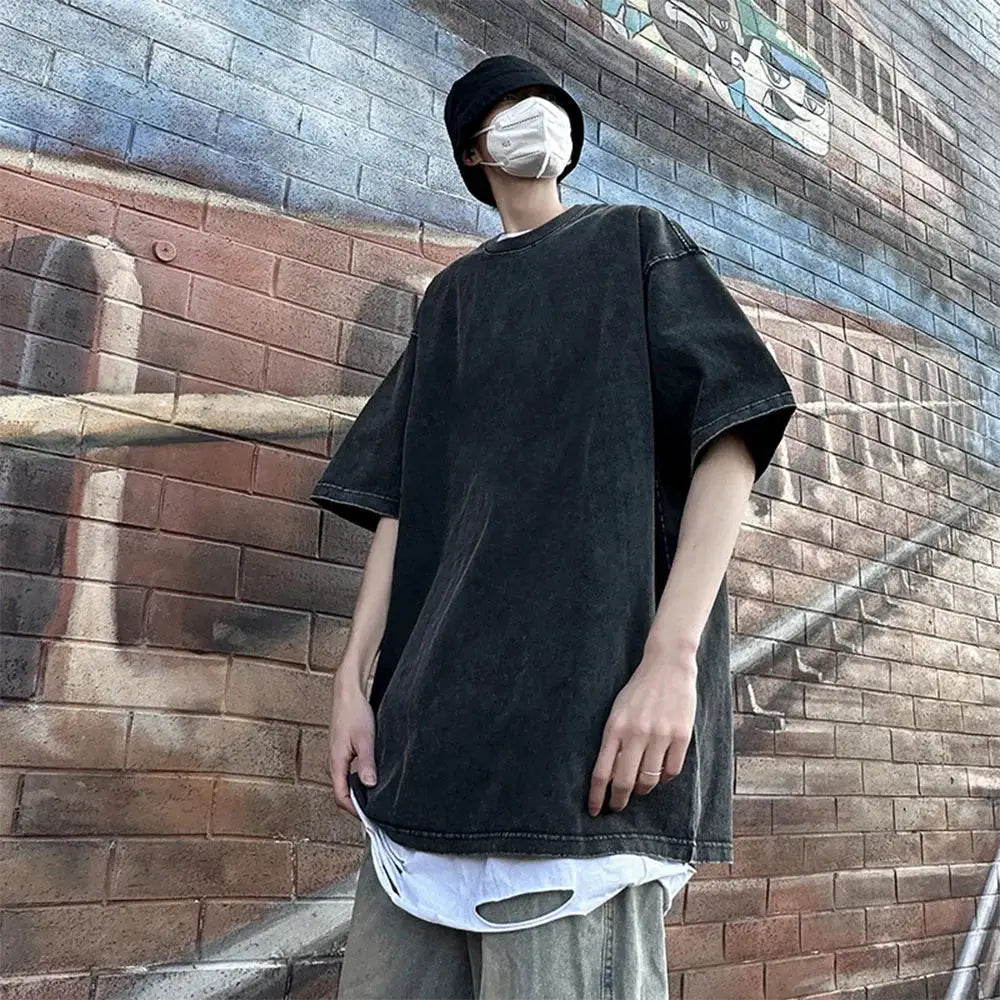 230G Cotton Retro Unisex T Shirt With Drop Shoulder Loose Fit Vintage Short Sleeve Solid Color Hip Hop Tee