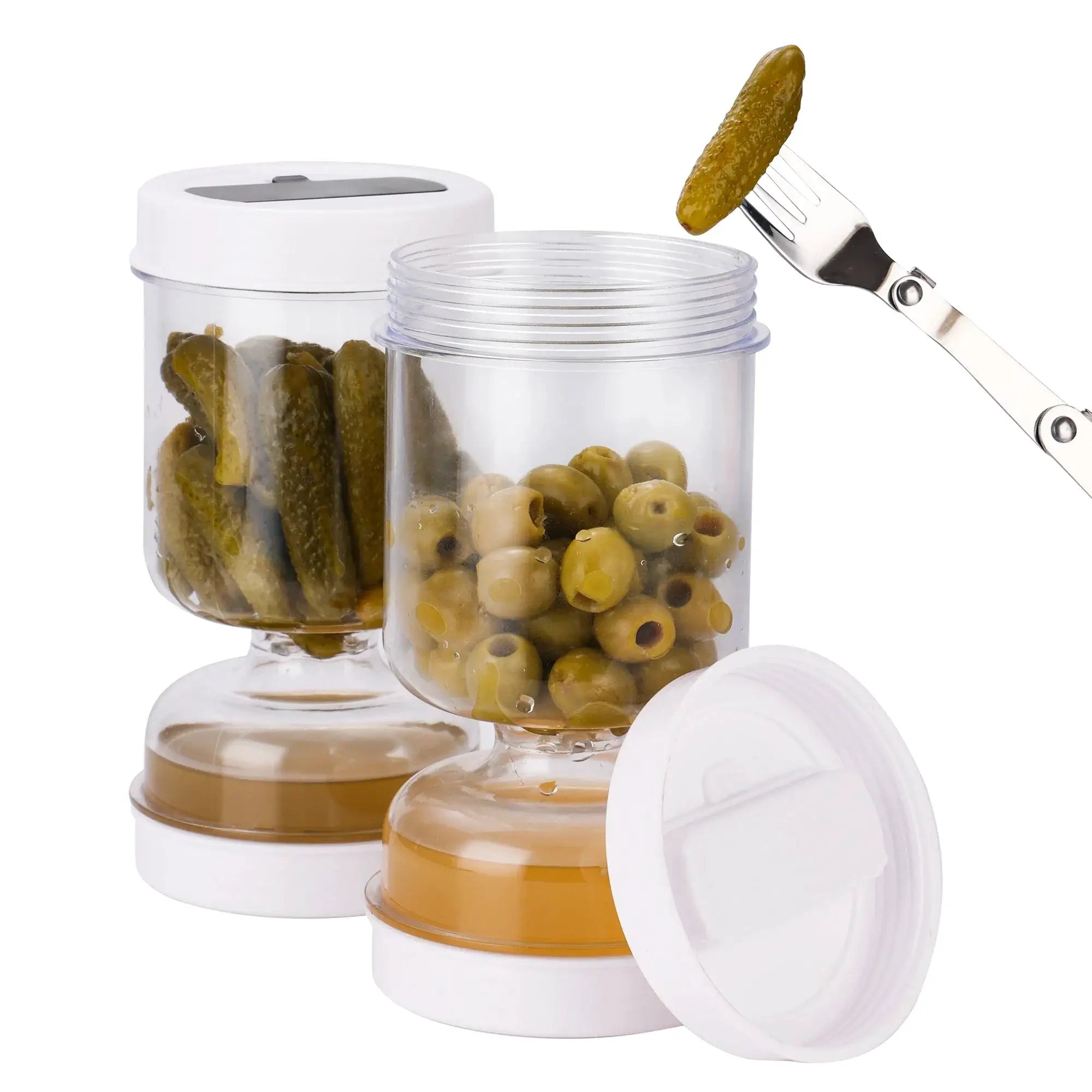 Olive And Pickle Strainer Jar With Hourglass Design Flip Mechanism For Airtight Food Storage