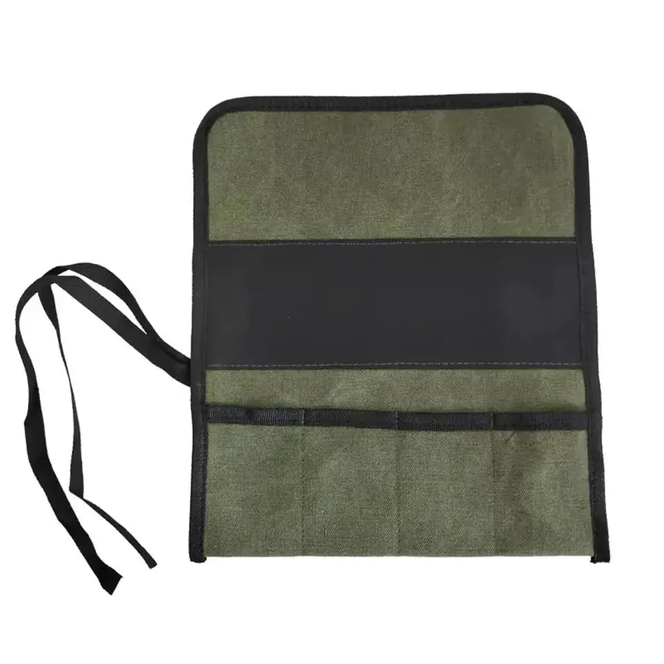 Roll-up tool bag with multiple pockets in olive green Oxford cloth and black strap for hanging tools; Simples Market