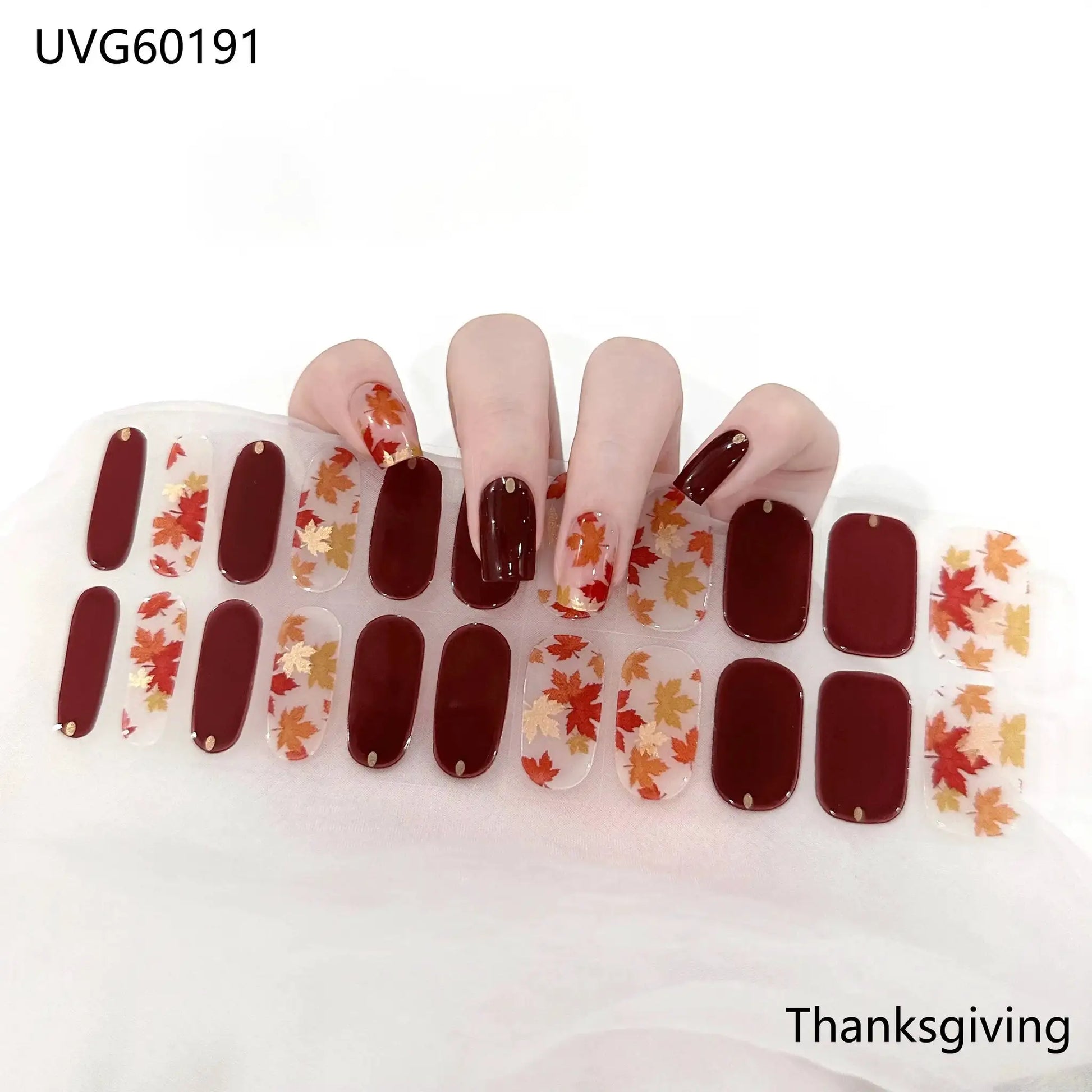 Gel nail wrap strips for full coverage; burgundy solid tips and clear autumn-leaf sheets, 16/20/22 sizes