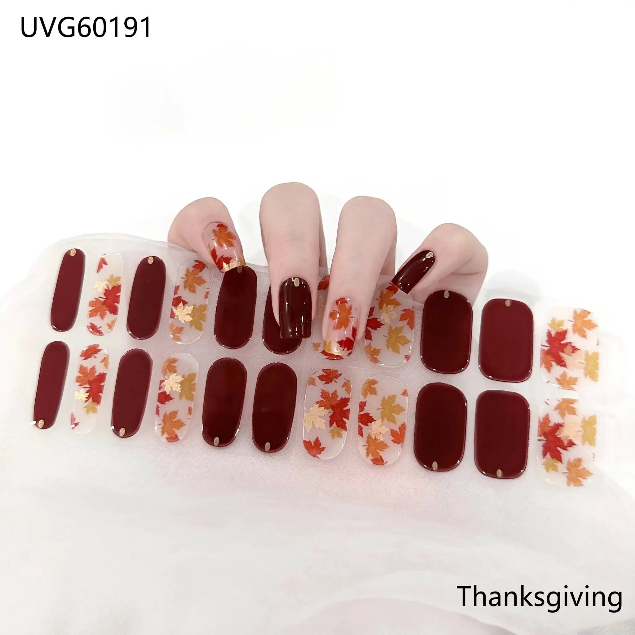 Gel nail wrap strips for full coverage; burgundy solid tips and clear autumn-leaf sheets, 16/20/22 sizes