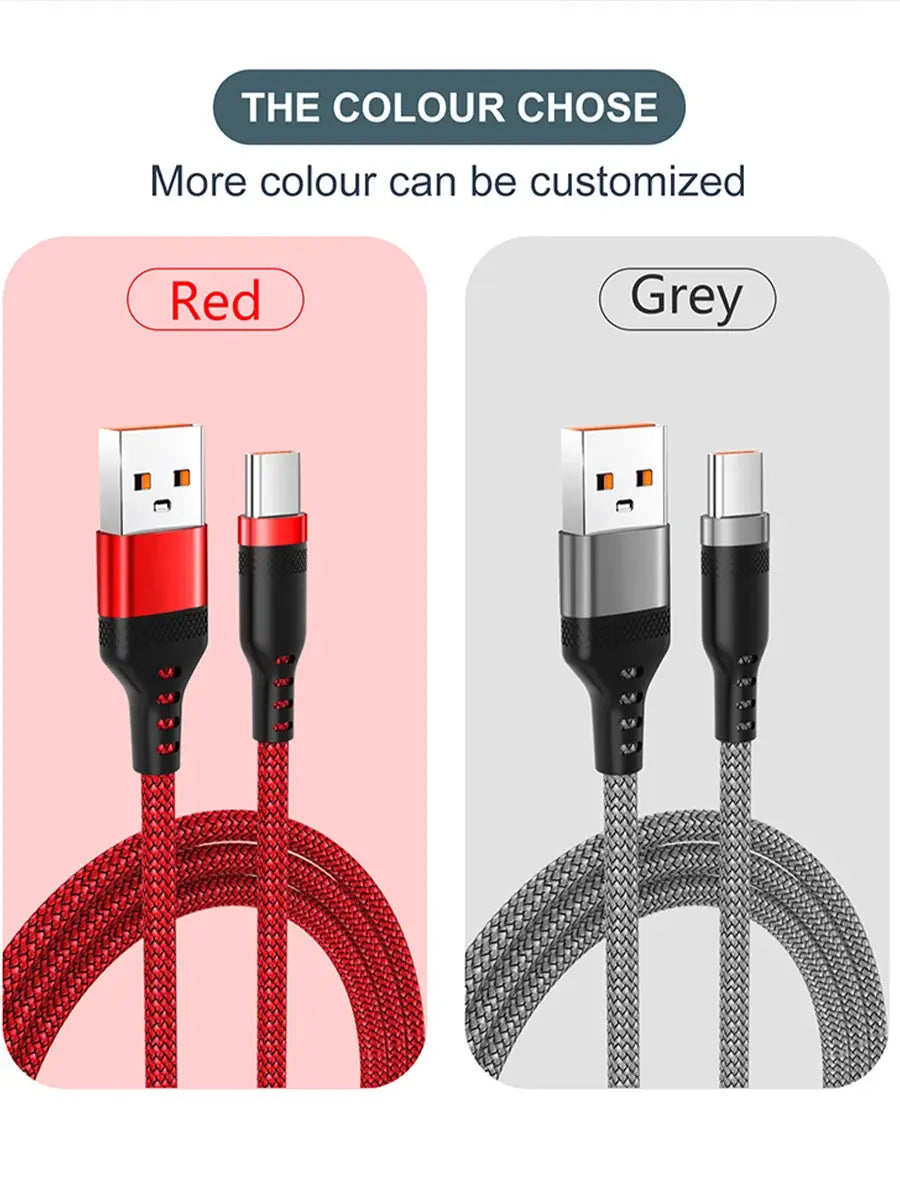 USB Type-C charging cable, 5A fast charge, braided red and grey, two cables