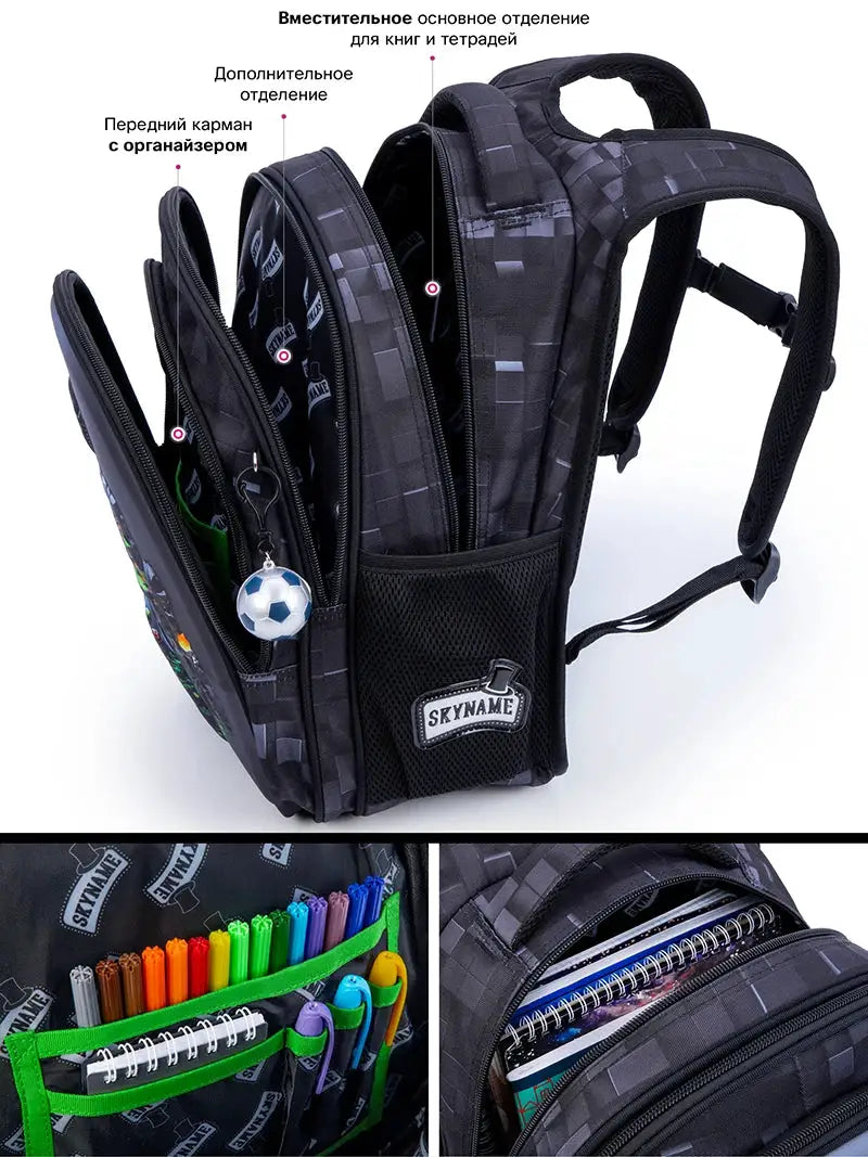 SKYNAME boys' school backpack in black and gray waterproof fabric with multiple compartments and front organizer.