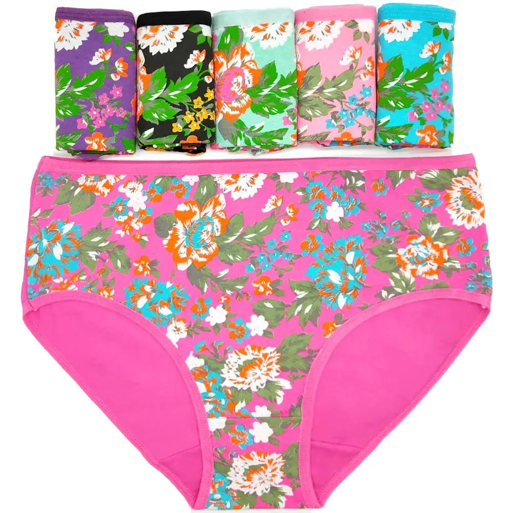 Women’s floral cotton mid-rise panties; pink main pair with bright print, plus five rolled colorways (6-pack).