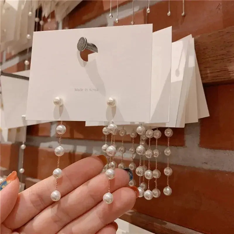 2022 New Trend Simulation Pearl Long Earrings With Flower Rhinestone Pendant For Women Wedding Korean Jewelry