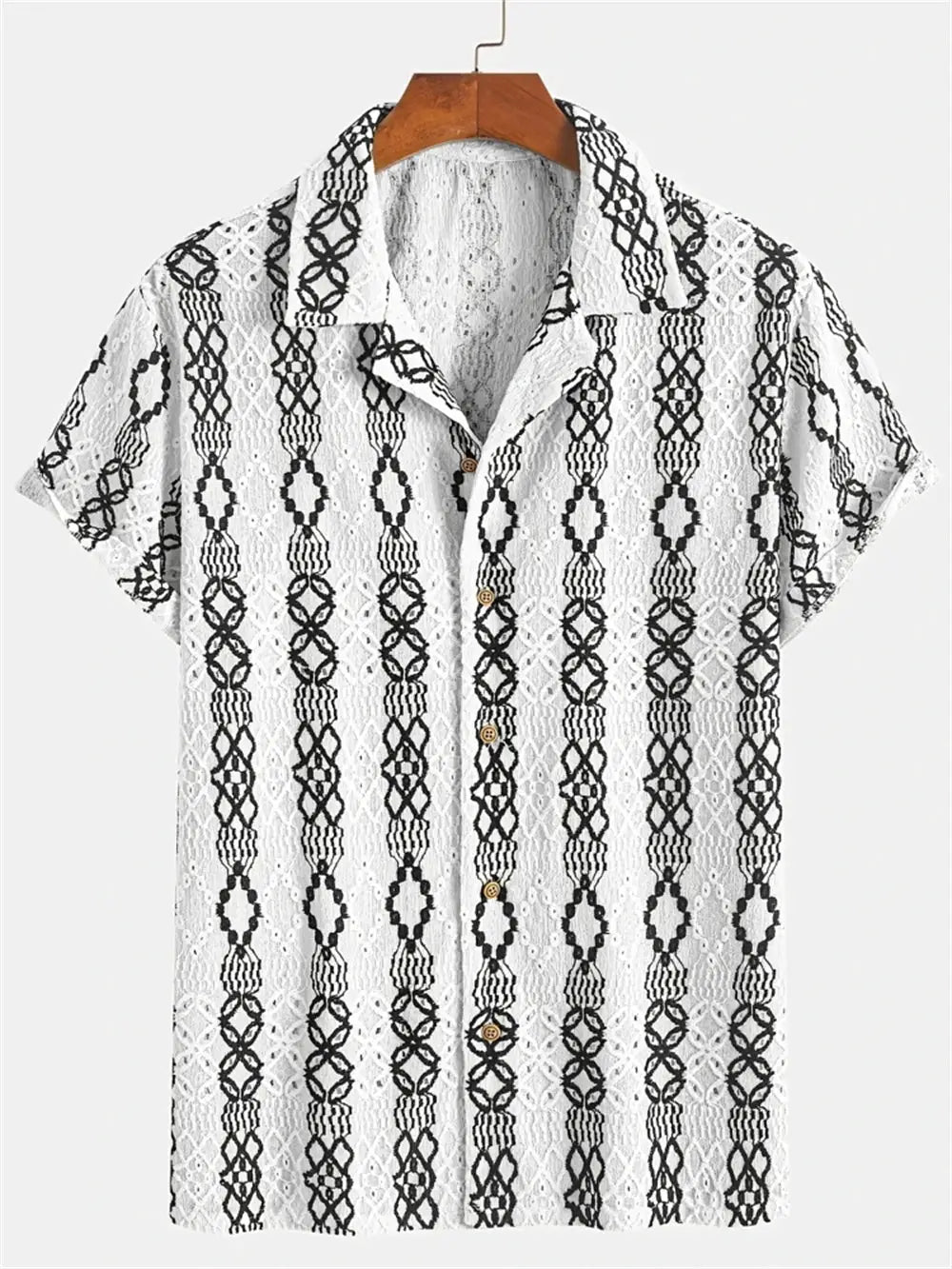 Simple Men's Shirt by Simples Market; white lace-pattern short-sleeve shirt with black geometric print