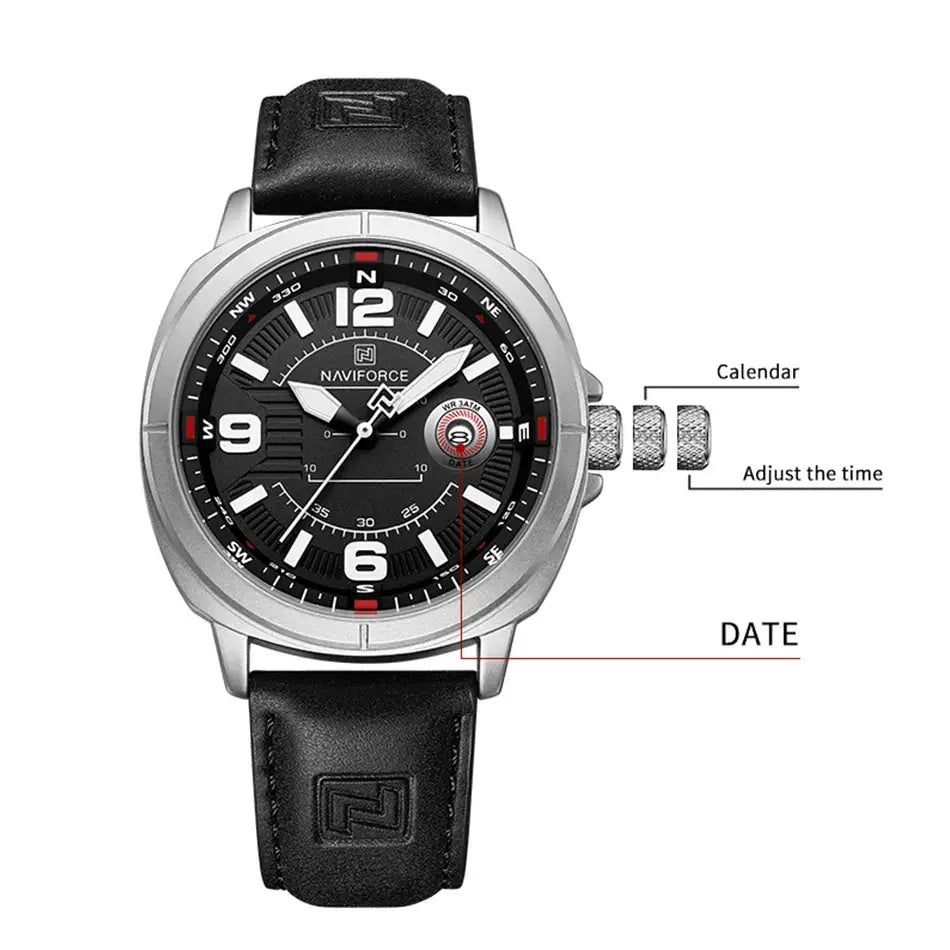 Naviforce men's quartz watch with black dial, silver case, PU band, and calendar date