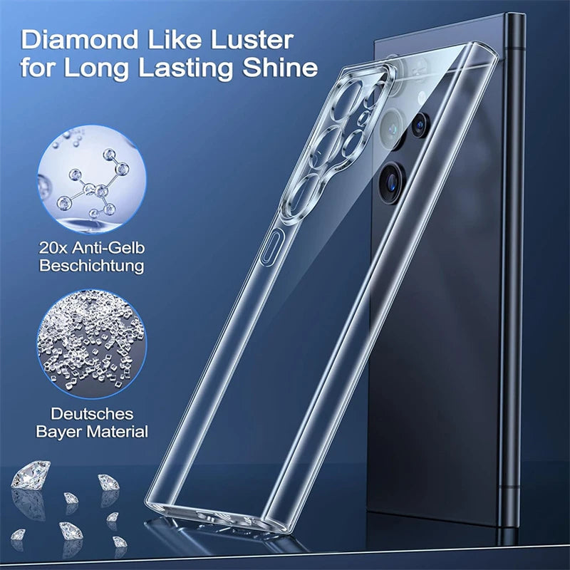 Clear Samsung Galaxy S21–S26 case; transparent with German Bayer material and anti-yellowing coating