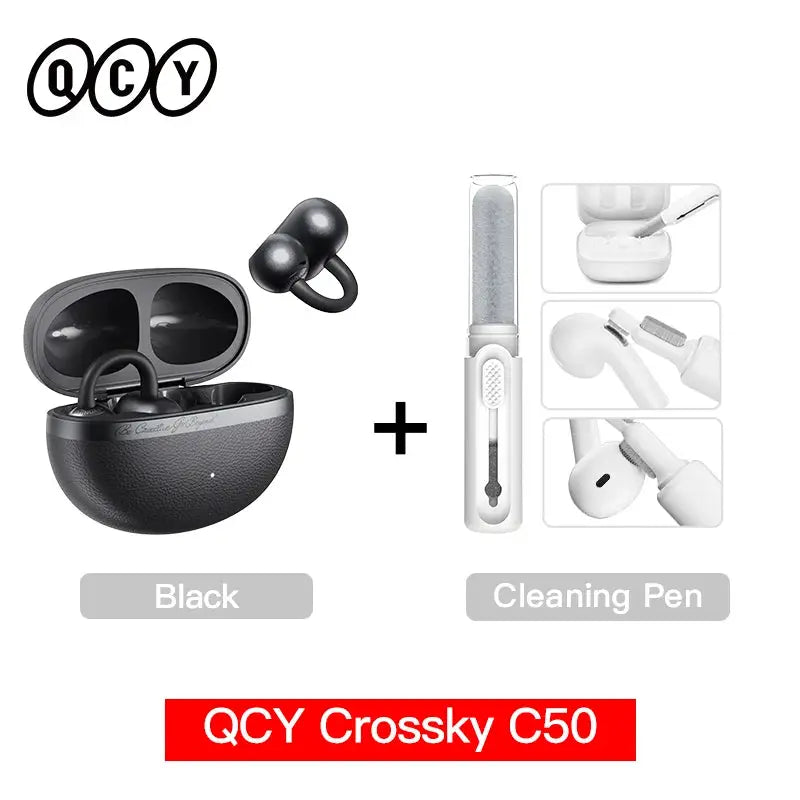 QCY Crossky C50 open-ear wireless earbuds with charging case; black color and cleaning pen accessory