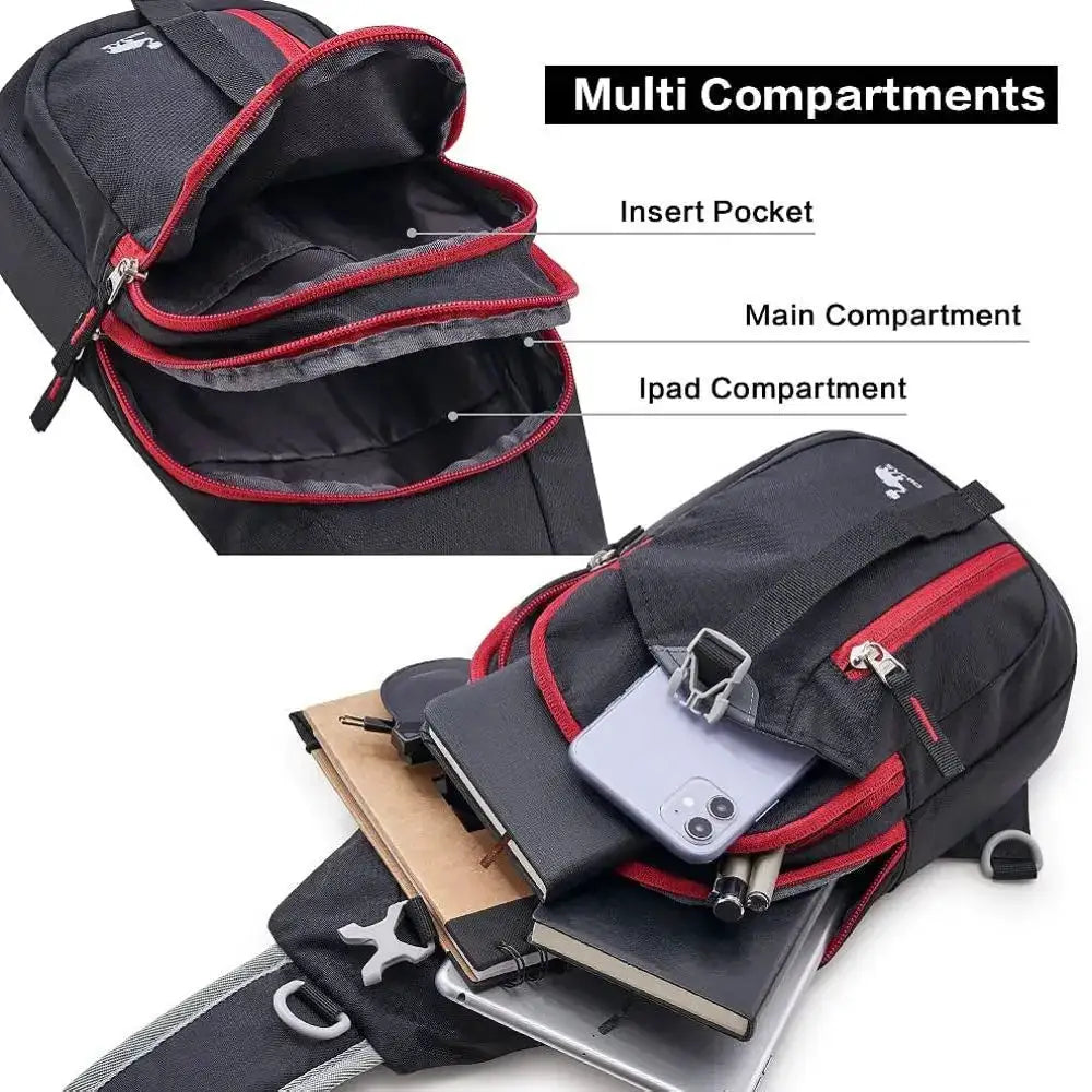 OIWAS crossbody sling bag by Simples Market, black with red zippers, lightweight men's daypack with multiple compartments.