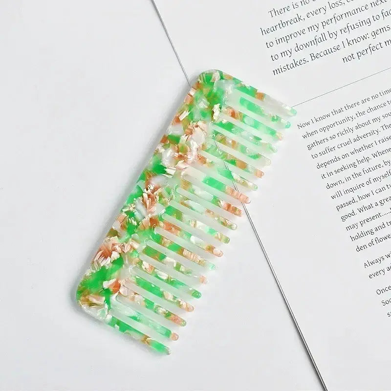 Simples Market wide-tooth acetate hair comb, colorful green and peach marbled, anti-static