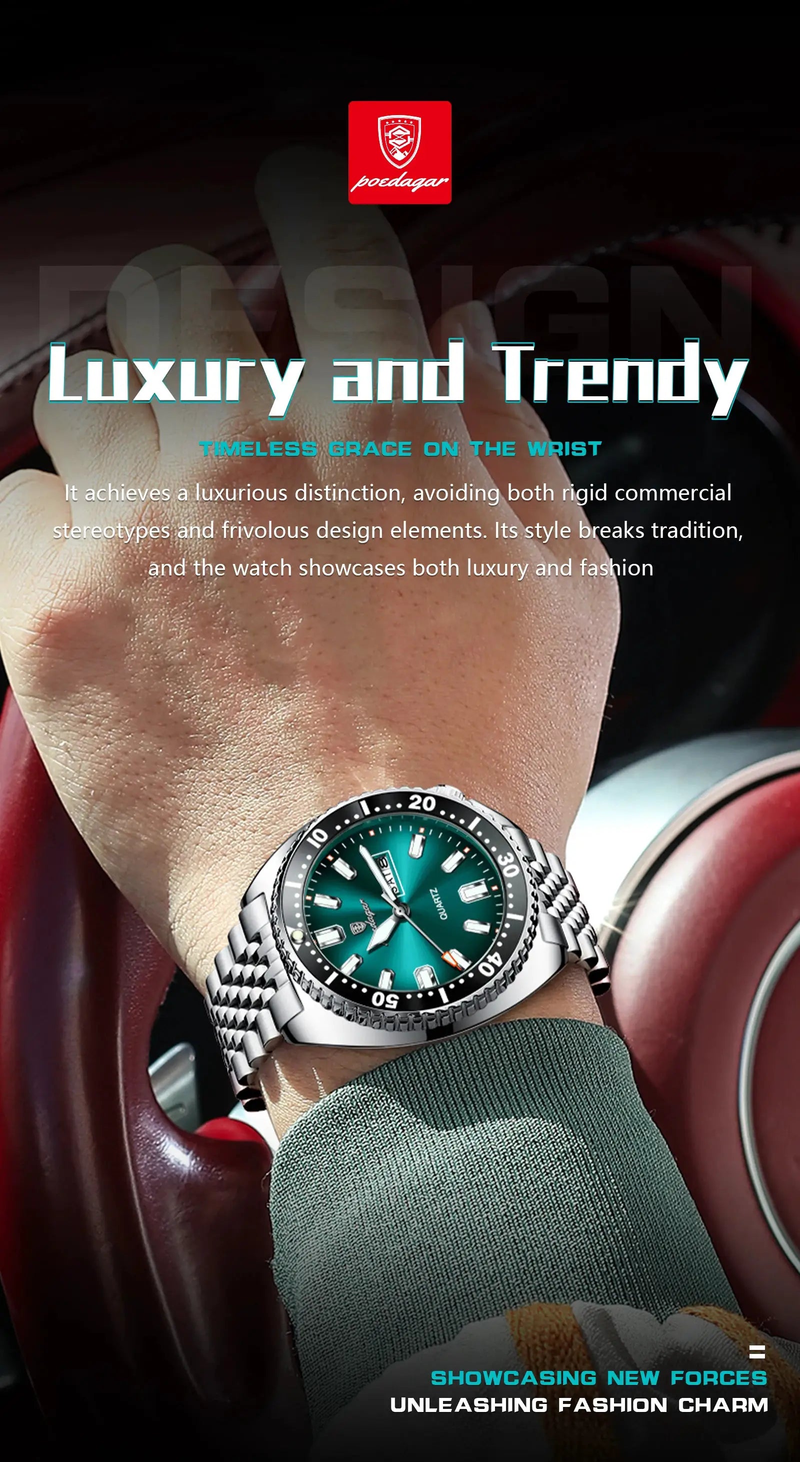 POEDAGAR stainless steel men's waterproof wristwatch with teal dial, date window, and luminous markers