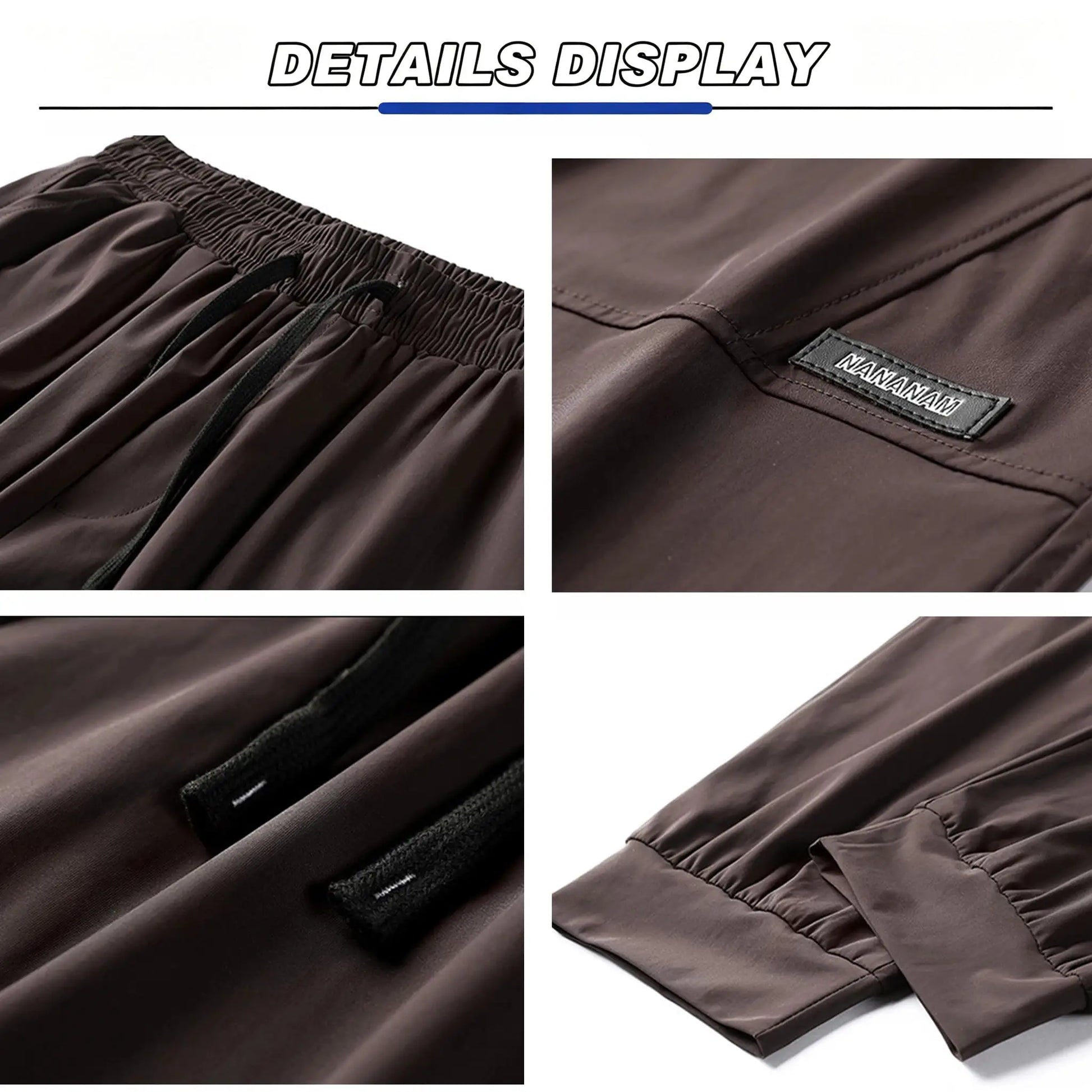 10XL casual pants for men in brown with elastic waistband and drawcord; close-up shows zipper, stitching, and label.