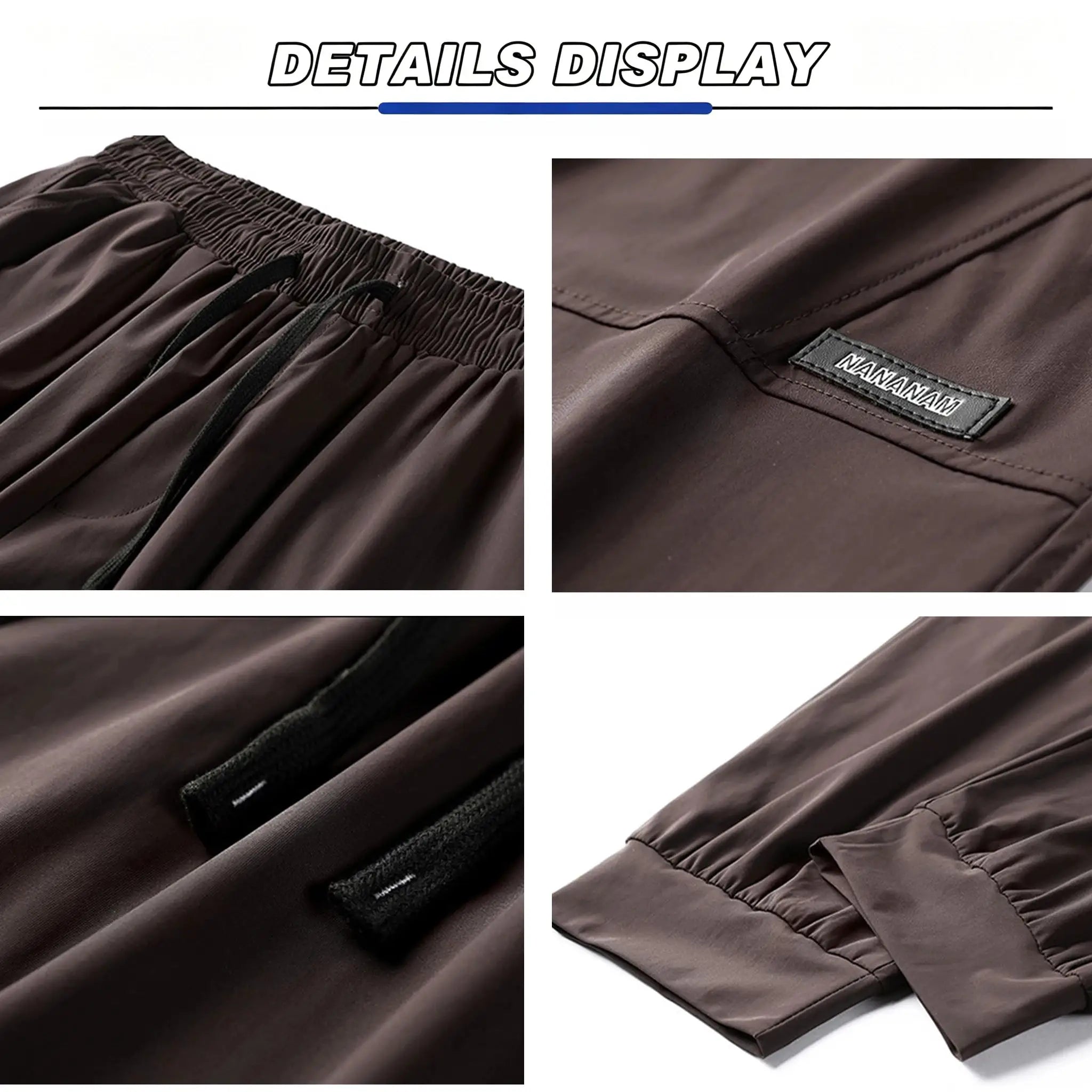 10XL casual pants for men in brown with elastic waistband and drawcord; close-up shows zipper, stitching, and label.