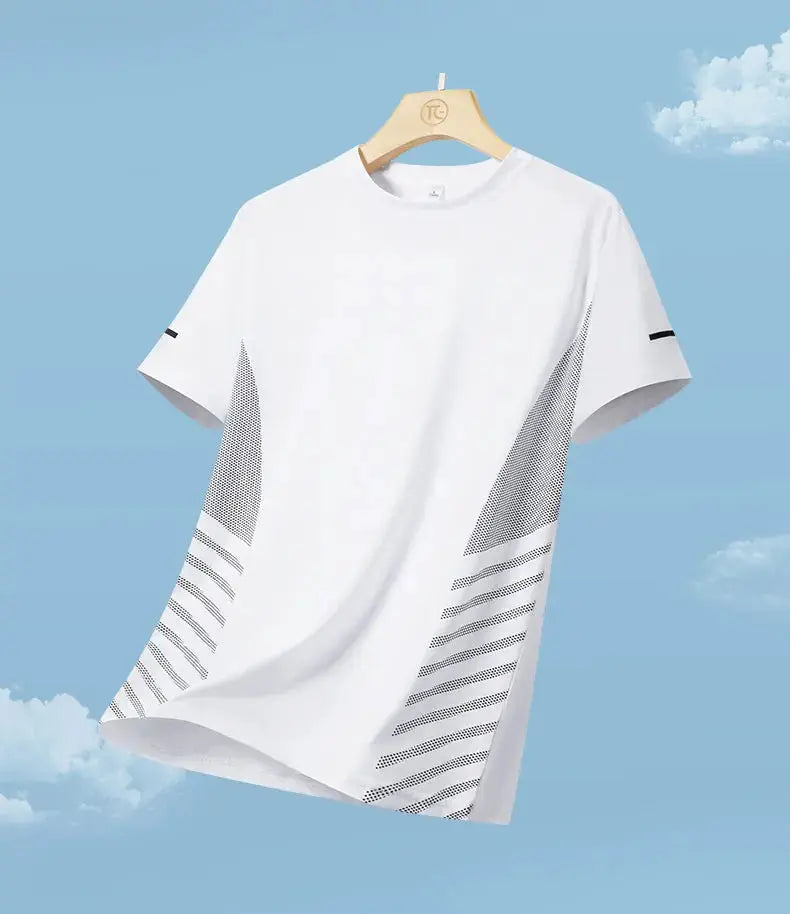 Running T-shirt for men, white quick-dry tee with mesh side panels and reflective accents