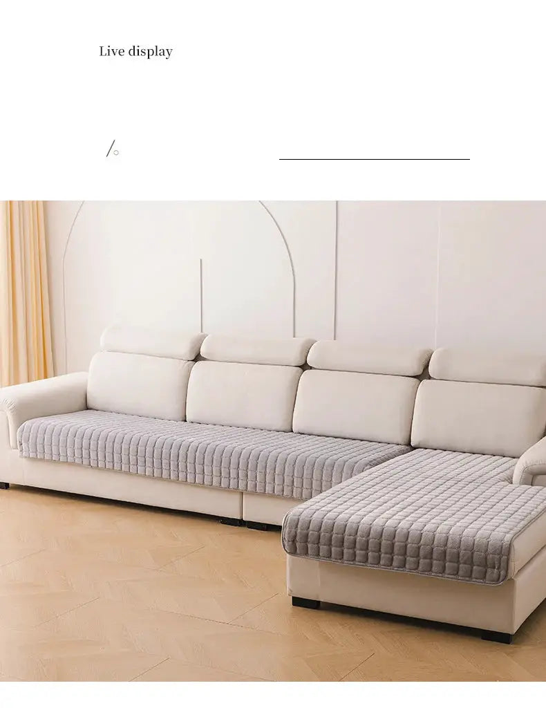 Simples Market flannel plaid sofa cover on a beige sectional with gray quilted non-slip seat cushions