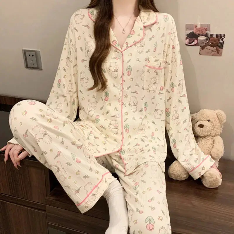 CozyNest Spring And Autumn Women Pajamas Loungewear Set Cardigan Breathable Crinkled Polyester With Love Heart Print
