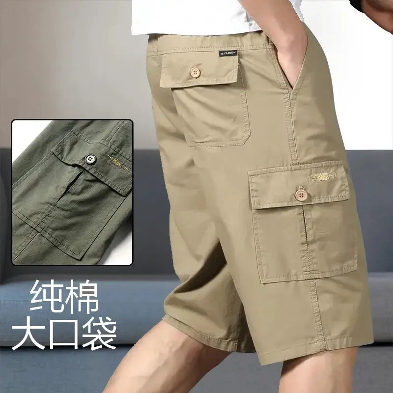 Mens cargo shorts knee-length khaki cotton with side cargo pocket and back pocket, two colors Simples Market