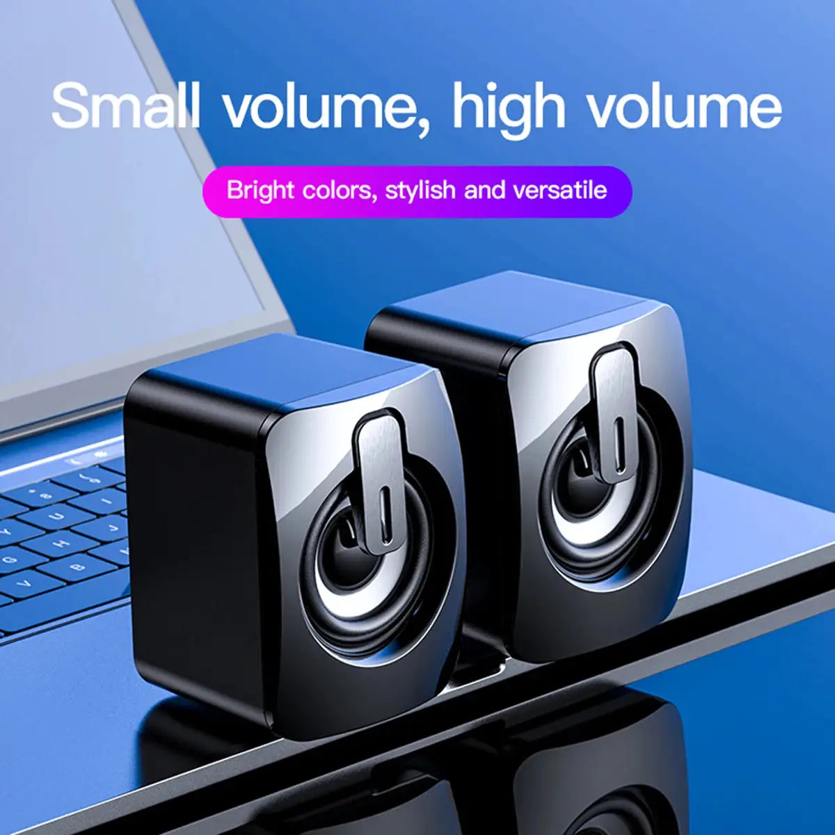 Blue and black pair of desktop computer speakers with USB wireless connectivity by Simples Market
