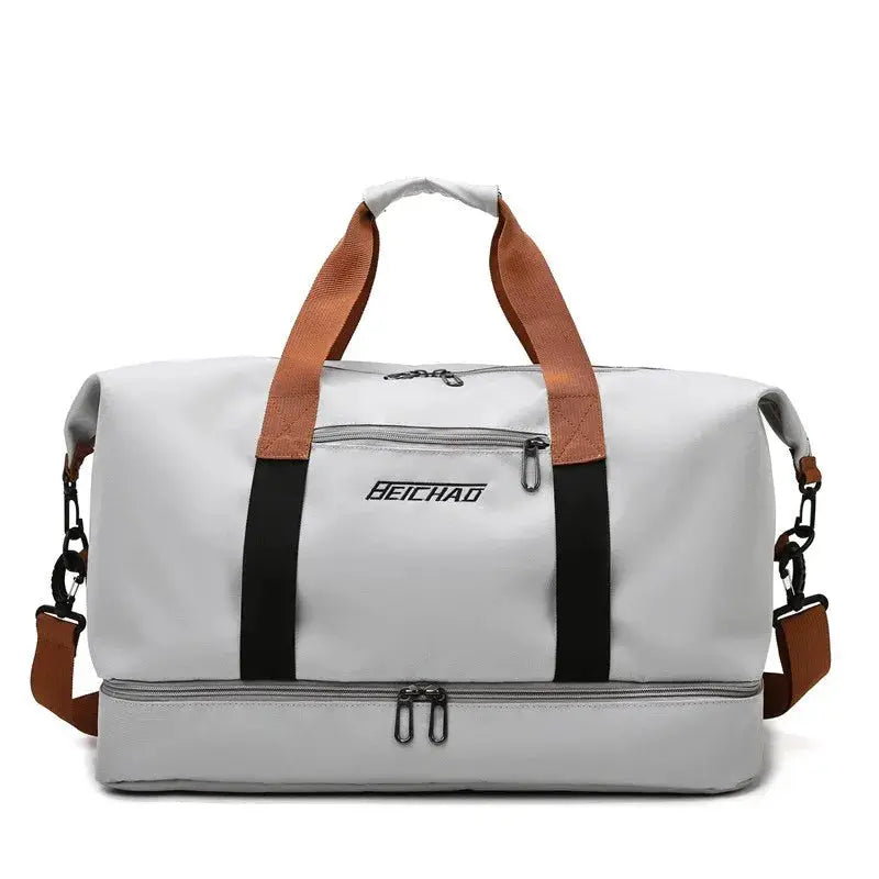 Travel gym bag in light gray with brown handles and black straps, BEICHAD logo