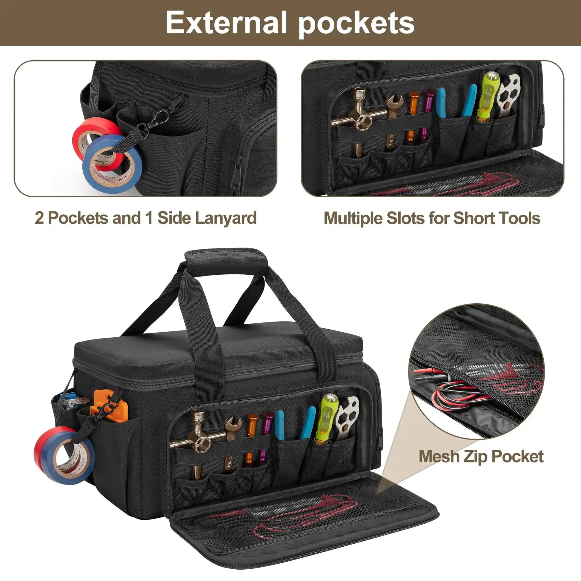 Simples Market black tool bag with shoulder strap and multiple external pockets for organized tools