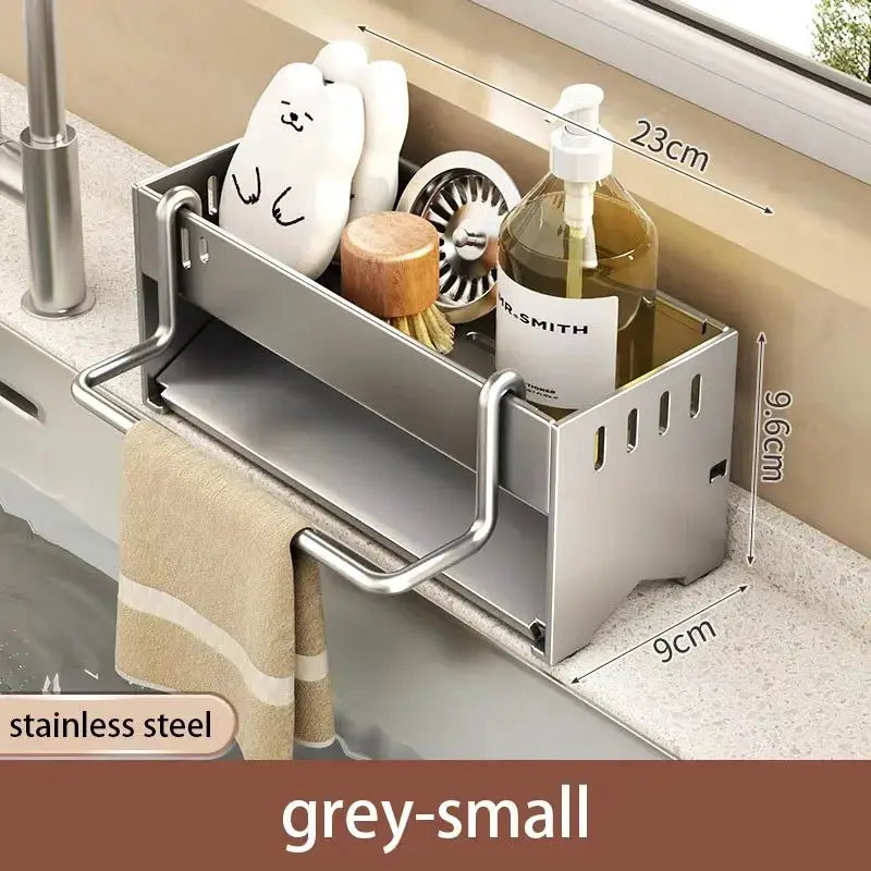 Simples Market stainless steel sponge rack for kitchen sink; grey-small multi-functional shelf for sponges, brushes and bottle