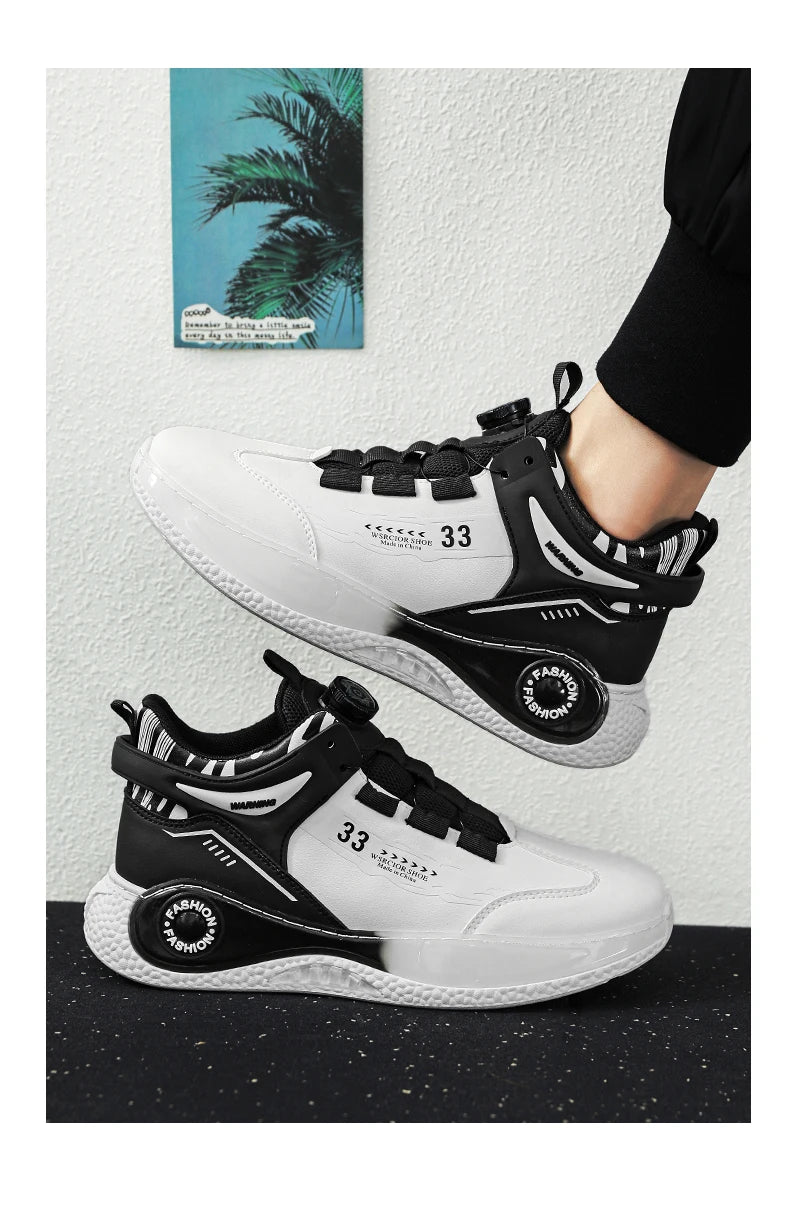 Simples Market men's sneakers with rotating buckle, white and black, non-slip lace-up shoes (two sneakers shown)