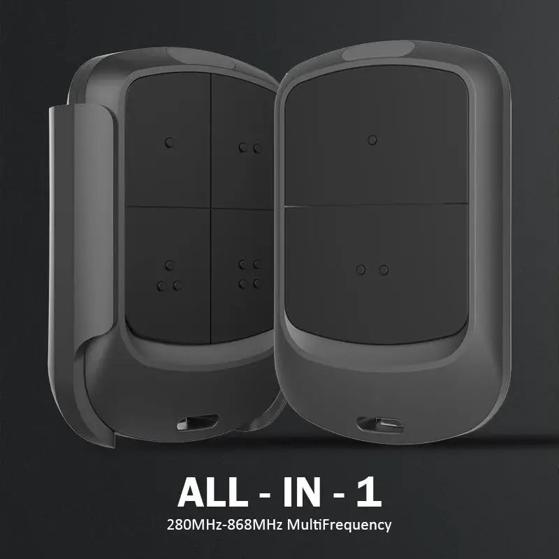 Garage door remote control duplicator, gray multifrequency remotes, 2-pack, 280–868 MHz.