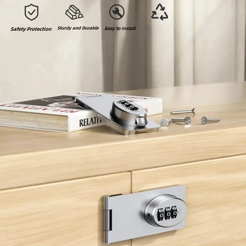 Simples Market mechanical password lock slide latch for small doors; silver metal with dial, screws included.