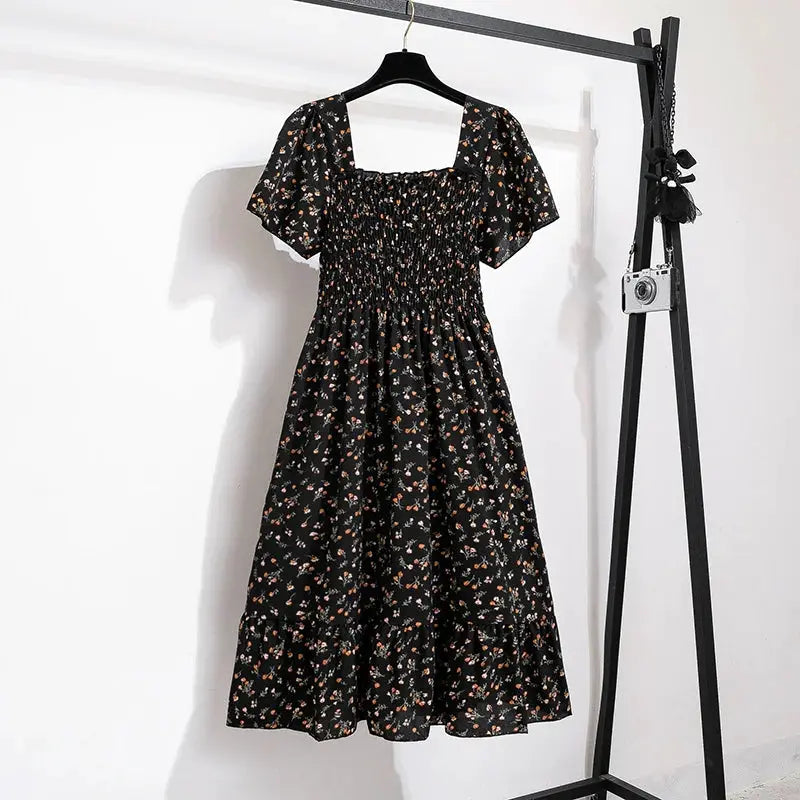 Spring Summer Floral Chiffon Midi Dress For Women With Elastic Waist Short Sleeves Backless Casual Printed