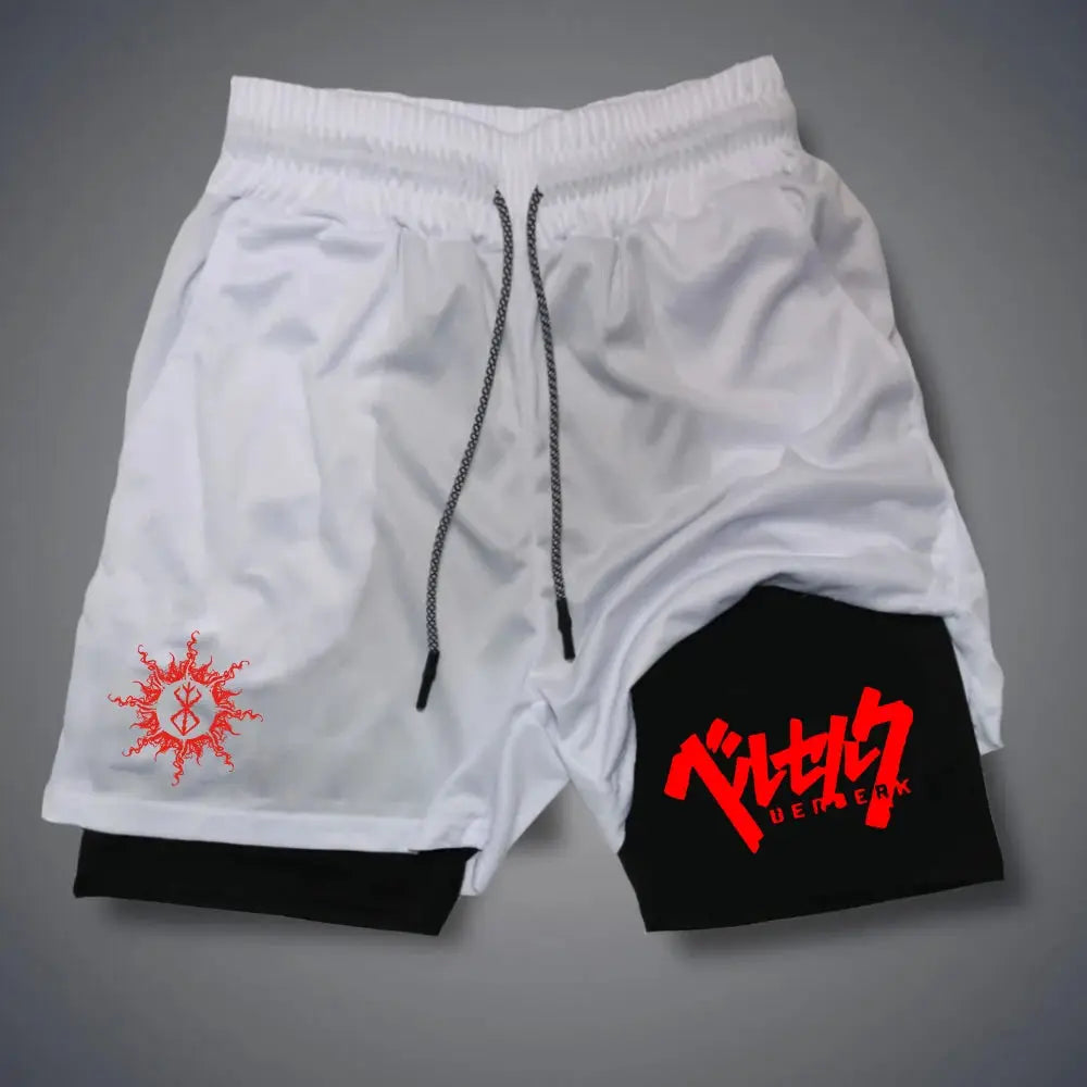 2-in-1 men's athletic shorts: white outer over black inner with grey drawstrings and red graphic logos