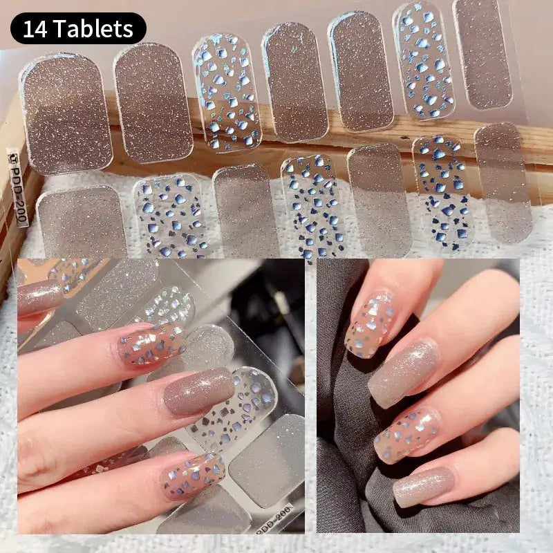 Full-cover nail stickers; glittery silver base with blue crystal accents, self-adhesive manicure decals, 14 pieces