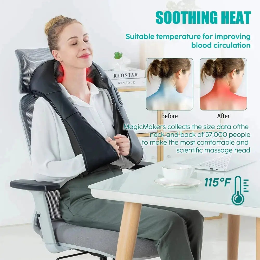 Shiatsu neck and shoulder massager by Simples Market, black heated U-shaped massage pillow worn around the neck.