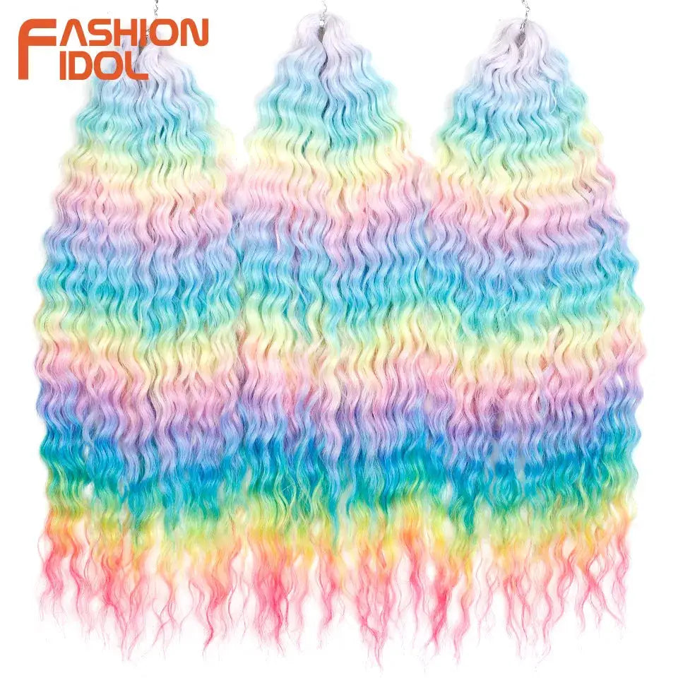 Fashion Idol rainbow ombre ariel curl crochet hair extensions, 22in, 300g, synthetic water-wave twists, 3 bundles