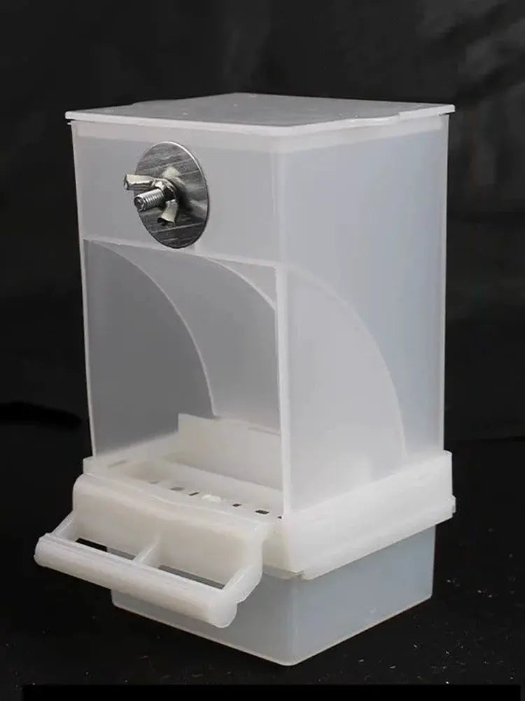 Parrot feeder by Simples Market; transparent plastic anti-spill bird food box.