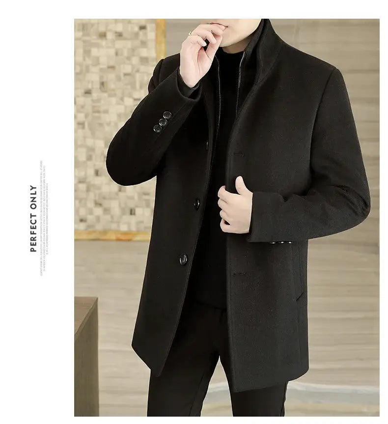 Men's black wool coat by Simples Market, long trench with removable thickened down liner