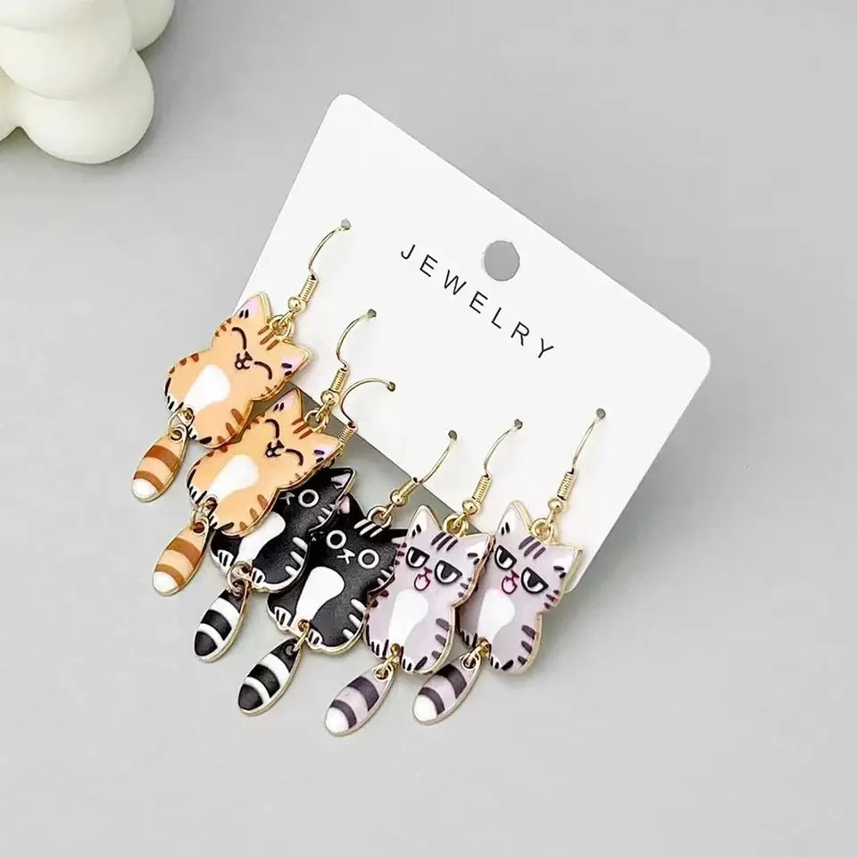 Three Pairs Colorful Cat Ear Dangle Earrings Set Enamel Alloy Hanging Tail Jewelry Cute Gift for Women and Girls