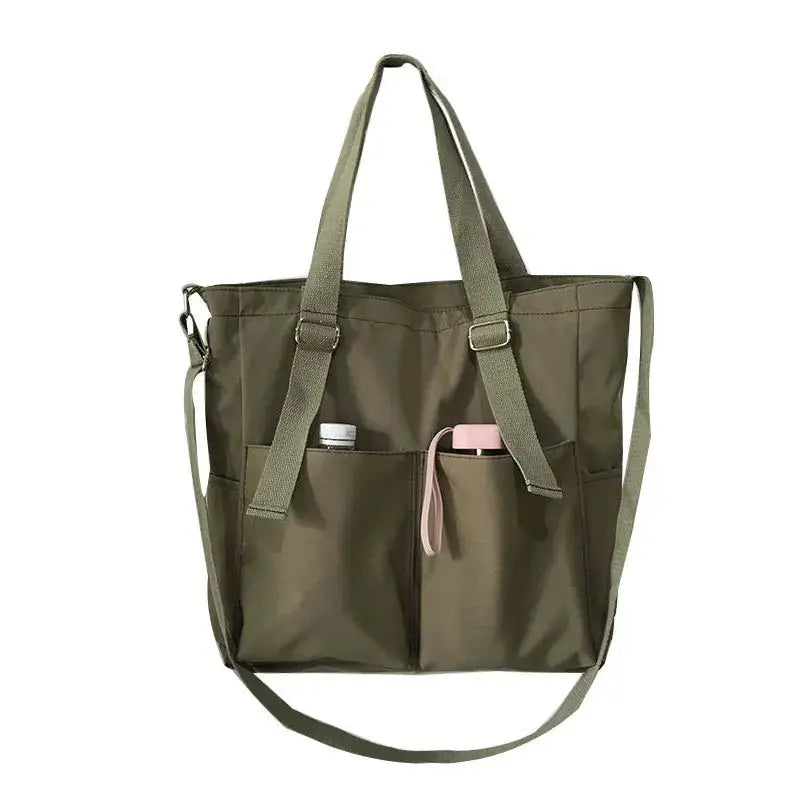 Olive green waterproof Oxford tote bag for women with dual handles, crossbody strap, large capacity and pockets