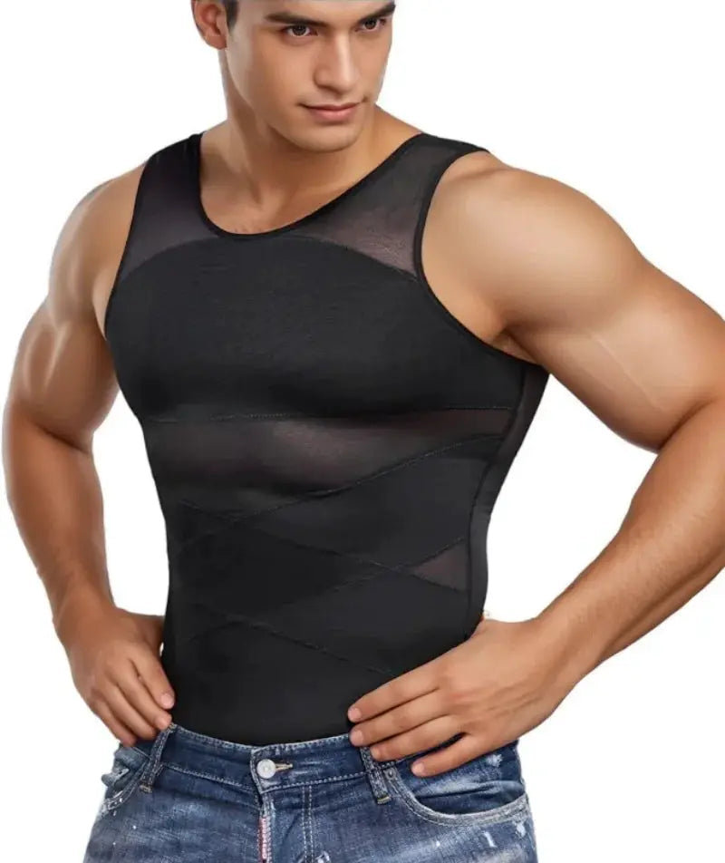 Men's black mesh-panel compression undershirt for chest and abdomen control, sleeveless workout vest.