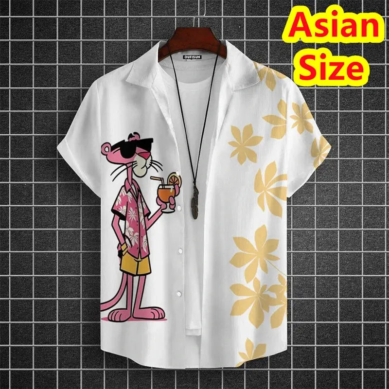 White casual short-sleeve shirt with cartoon tiger graphic and yellow hibiscus print, button front, camp collar.