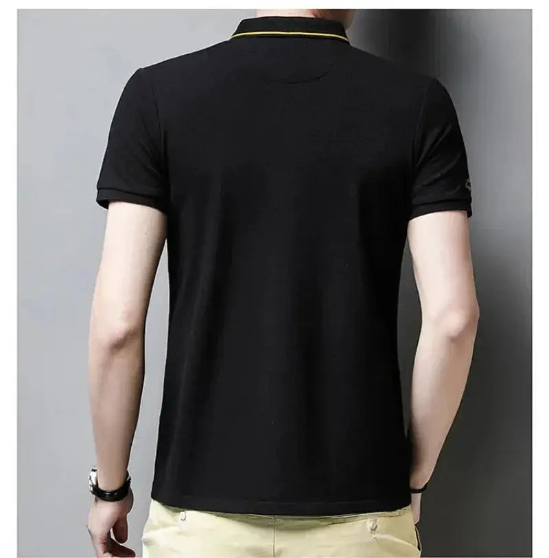 Men's black short-sleeve polo shirt with yellow piping on the collar (back view)