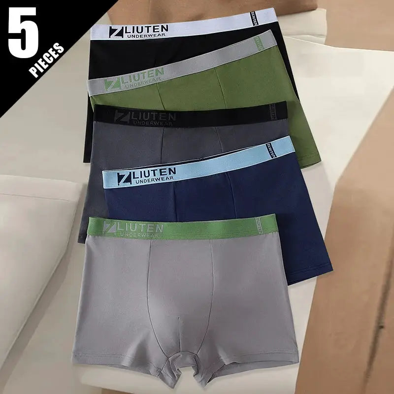 Simples Market 5-pack men's boxer briefs with branded elastic waistbands in gray, green, navy, black, and blue