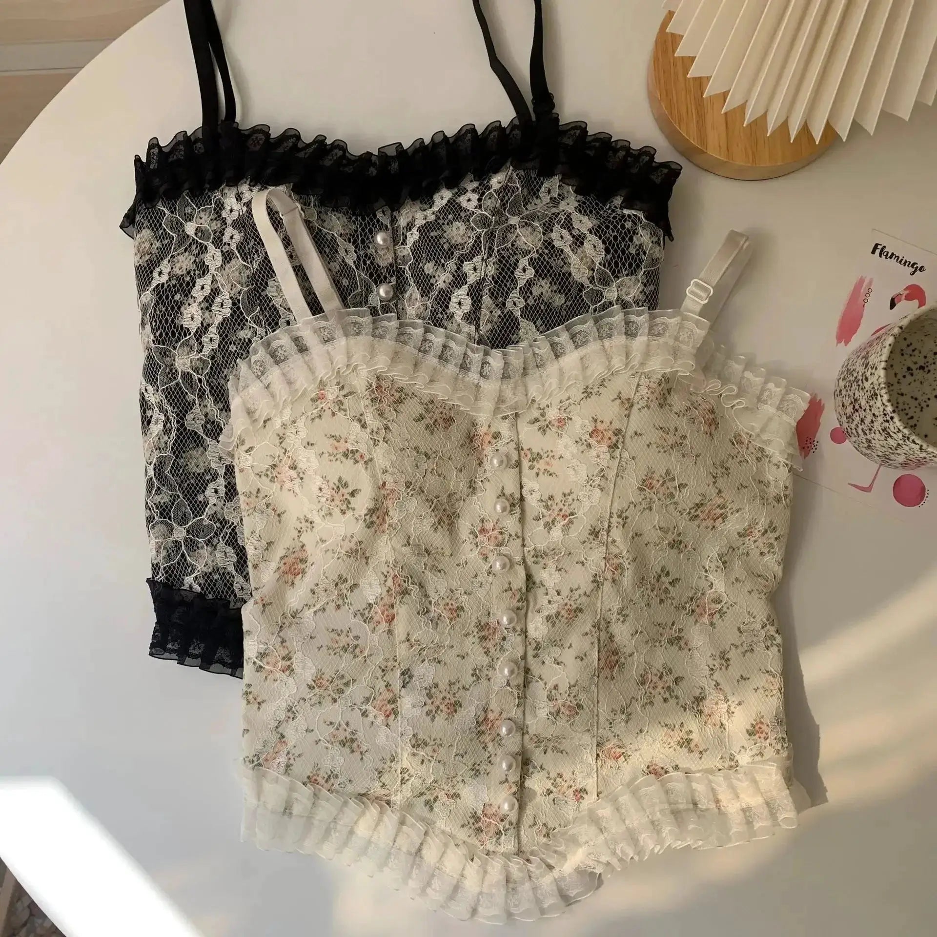Womens Camisole Summer Lace Floral Ruffle Tank Top Built In Chest Pad No Steel Ring For Layering