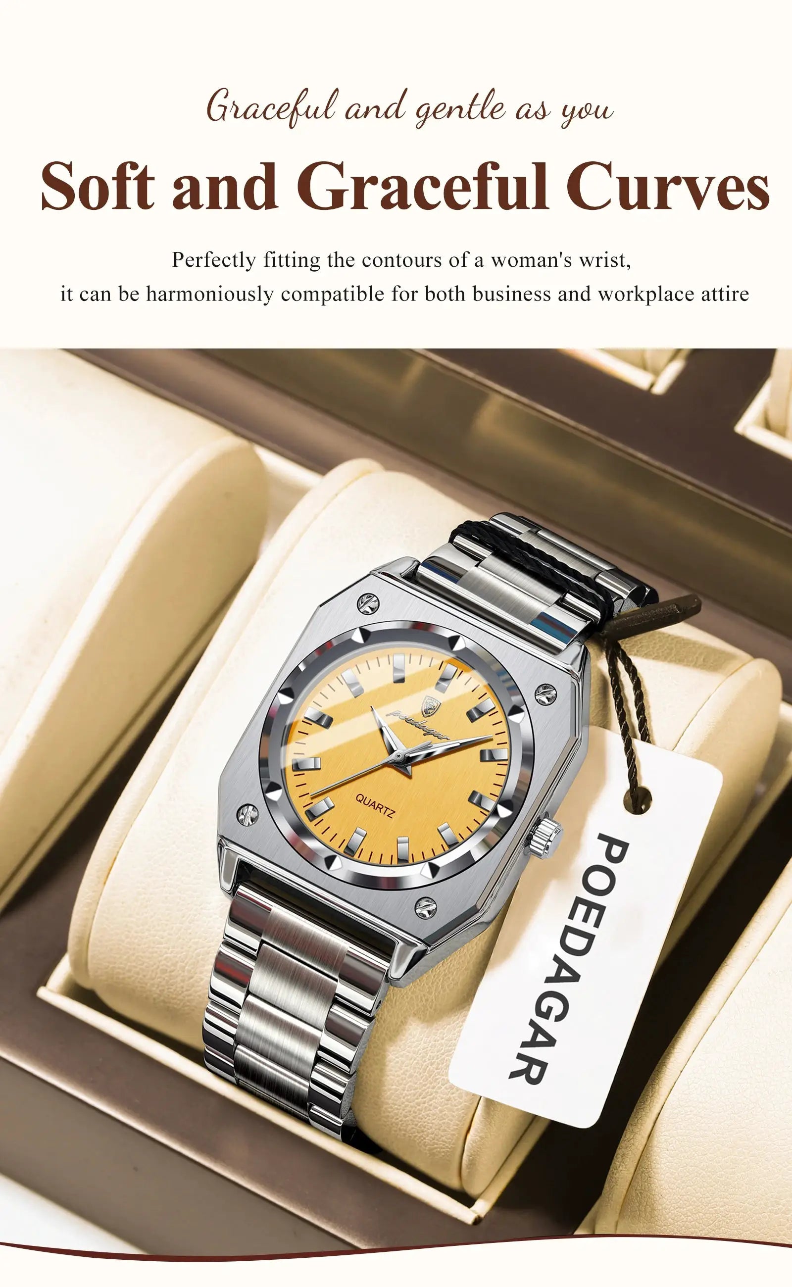 POEDAGAR ladies stainless steel wristwatch with yellow dial in a display box