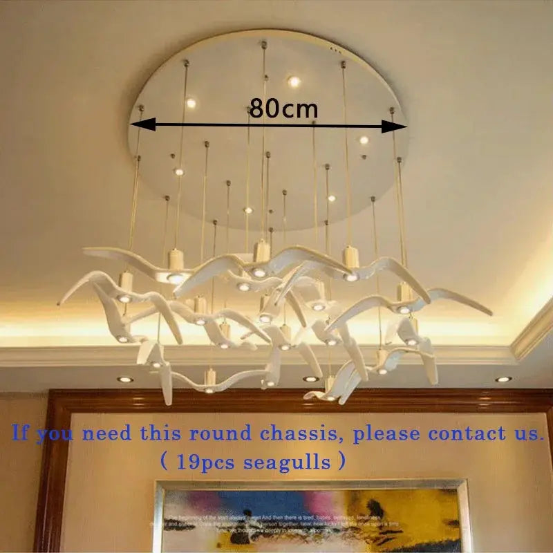 Seagull design pendant lamp by Simples Market; white LED bird chandeliers on a round 80 cm ceiling plate